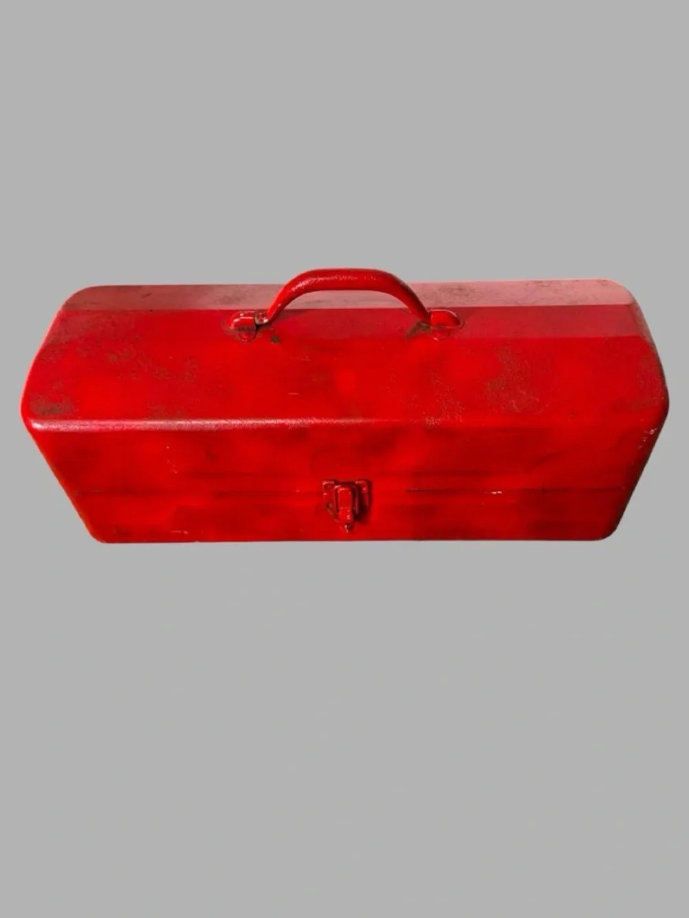 Vintage red metal cantilever toolbox – Blue tiered trays industrial storage